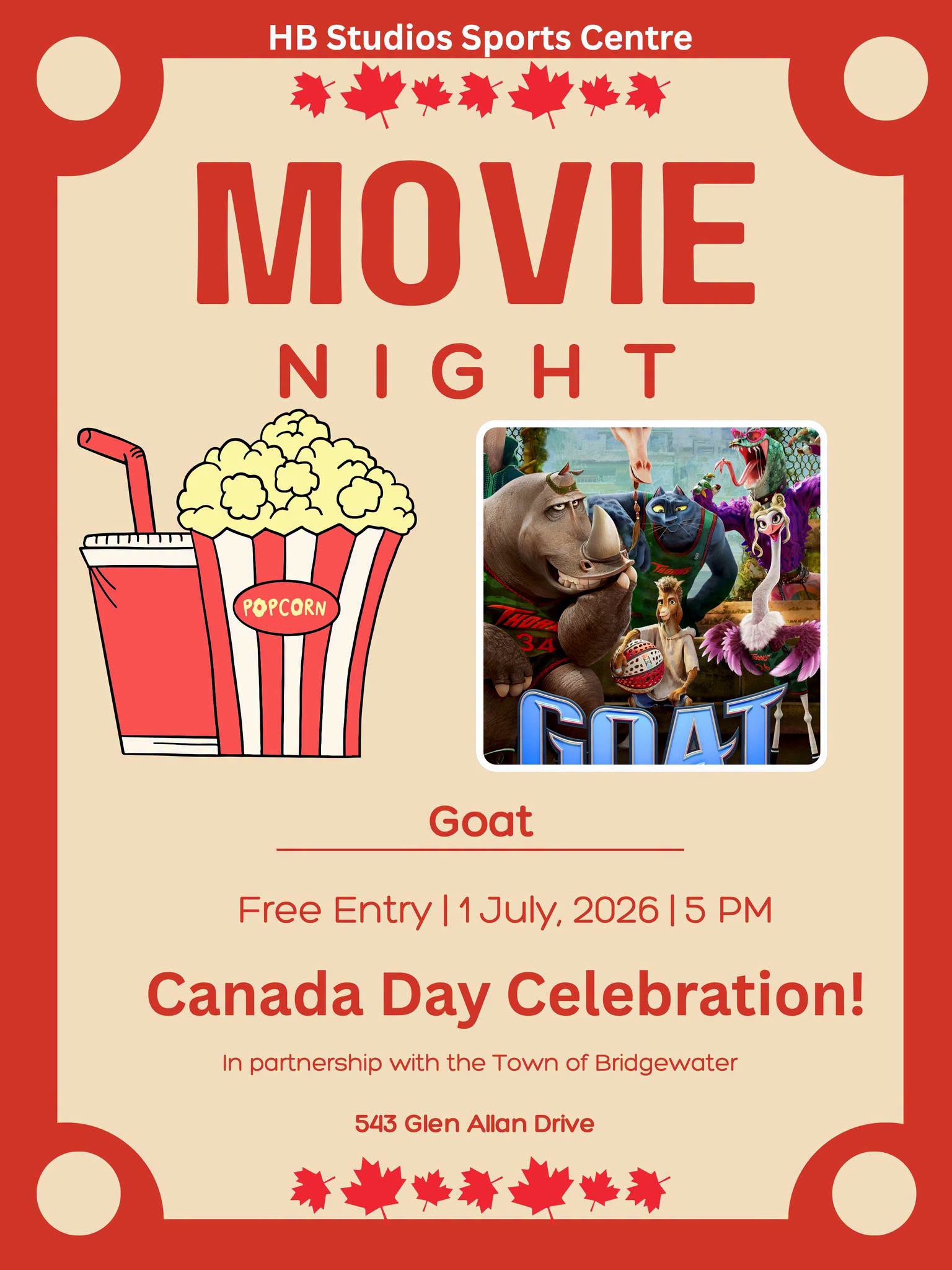 Canada Day Movie Night at HB Studios Sports Centre!